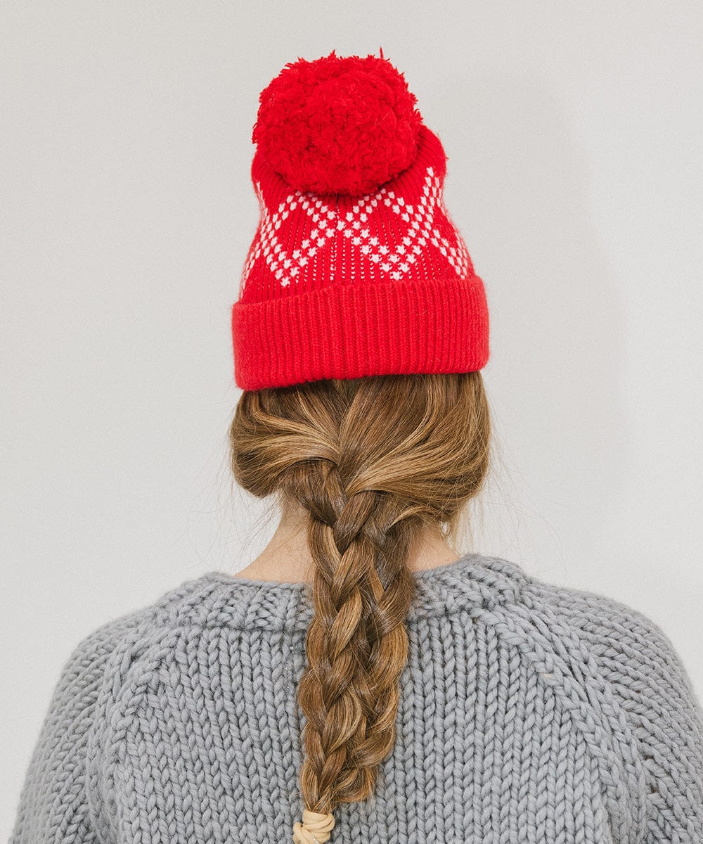 GIgi Pip beanies for women - Elio Pom Beanie - a retro inspired classic knit pom beanie featuring a retro diamond pattern [ruby red]