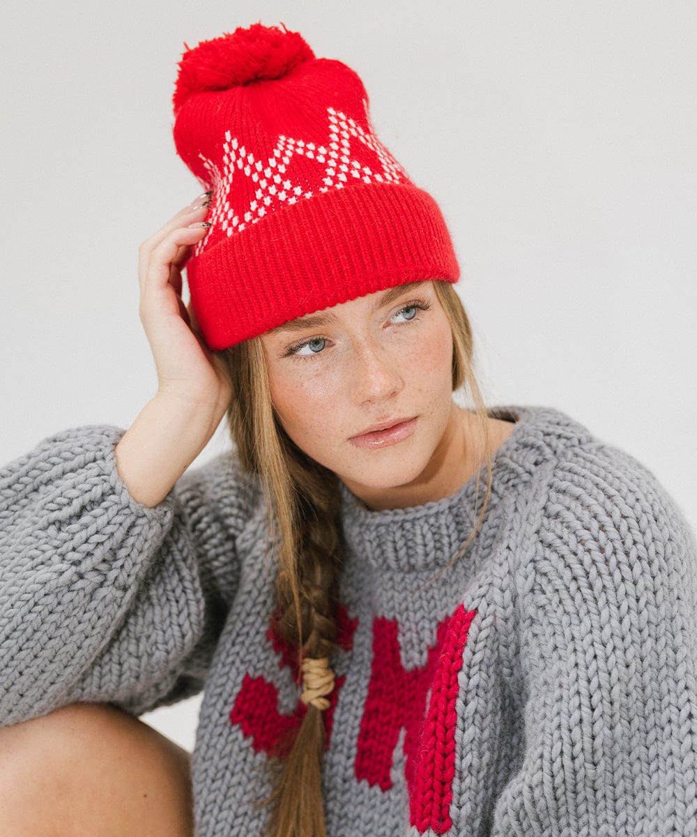 GIgi Pip beanies for women - Elio Pom Beanie - a retro inspired classic knit pom beanie featuring a retro diamond pattern [ruby red]