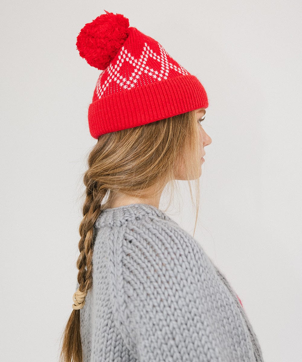 GIgi Pip beanies for women - Elio Pom Beanie - a retro inspired classic knit pom beanie featuring a retro diamond pattern [ruby red]