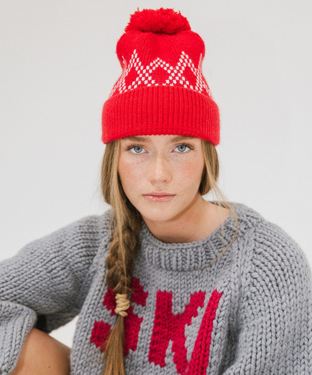 GIgi Pip beanies for women - Elio Pom Beanie - a retro inspired classic knit pom beanie featuring a retro diamond pattern [ruby red]