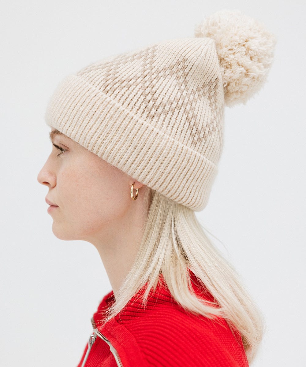 GIgi Pip beanies for women - Elio Pom Beanie - a retro inspired classic knit pom beanie featuring a retro diamond pattern [cream]