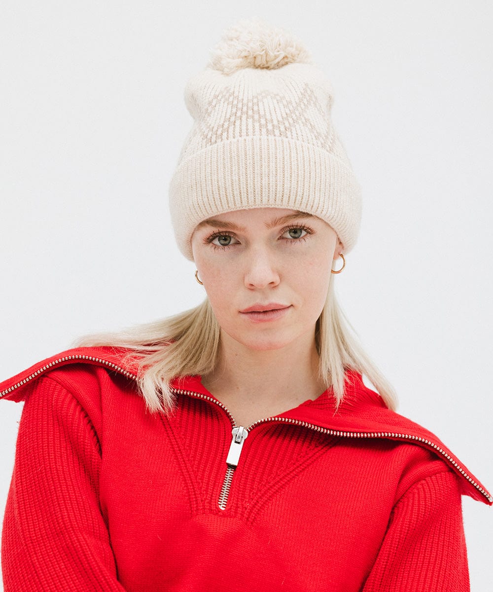 GIgi Pip beanies for women - Elio Pom Beanie - a retro inspired classic knit pom beanie featuring a retro diamond pattern [cream]