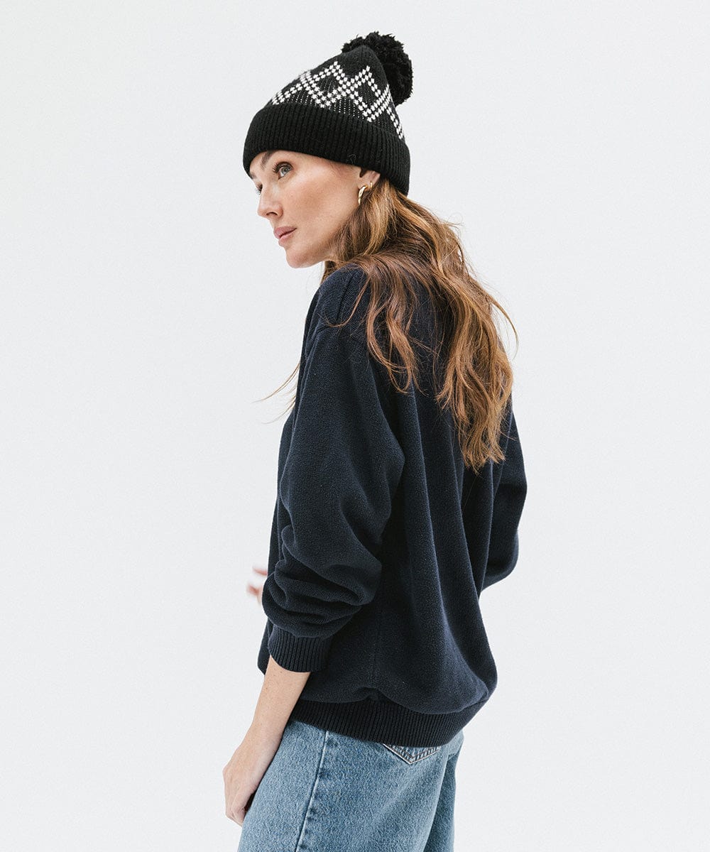 GIgi Pip beanies for women - Elio Pom Beanie - a retro inspired classic knit pom beanie featuring a retro diamond pattern [black]