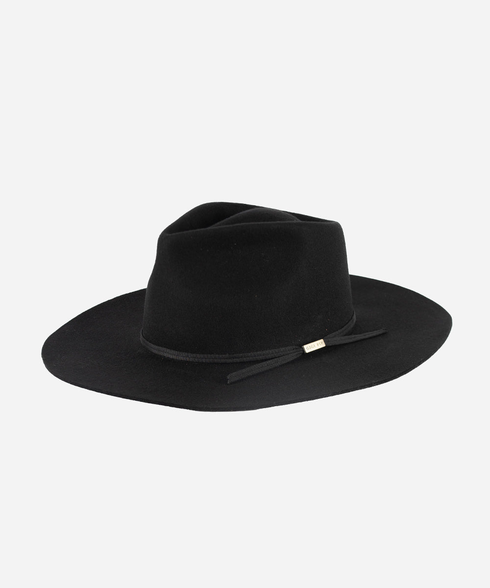 Gigi Pip felt hats for women - Emery Teardrop Fedora - 100% australian wool teardrop pinched fedora featuring a tonal grosgrain ribbon trim branded with Gigi Pip [black]