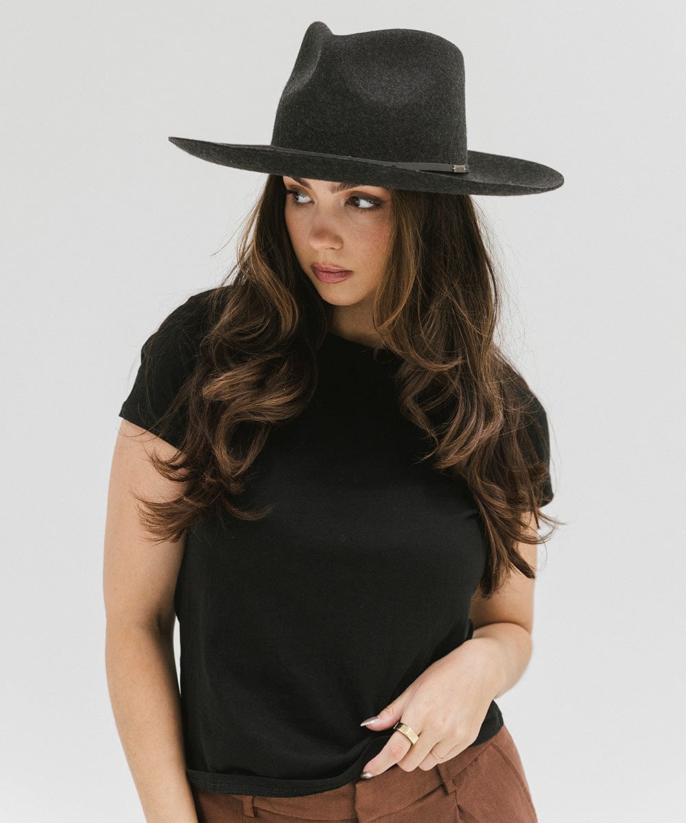 Gigi Pip felt hats for women - Rowan Fedora - 100% australian wool pinched fedora crown with a stiff wide flat brim featuring a grosgrain band with Gigi Pip branded [mix charcoal]