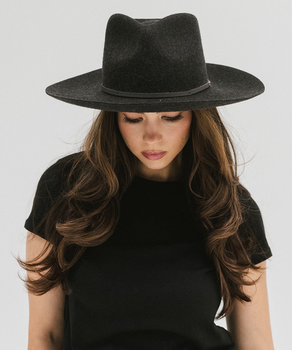 Gigi Pip felt hats for women - Rowan Fedora - 100% australian wool pinched fedora crown with a stiff wide flat brim featuring a grosgrain band with Gigi Pip branded [mix charcoal]