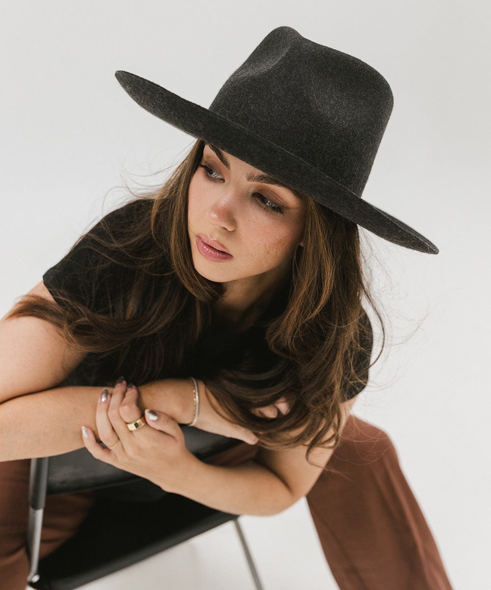 Gigi Pip felt hats for women - Rowan Fedora - 100% australian wool pinched fedora crown with a stiff wide flat brim featuring a grosgrain band with Gigi Pip branded [mix charcoal]