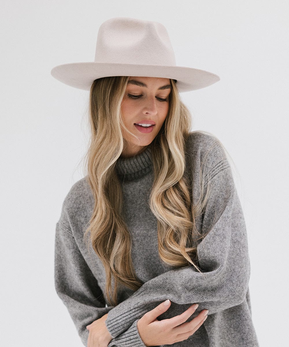 Gigi Pip felt hats for women - Rowan Fedora - 100% australian wool pinched fedora crown with a stiff wide flat brim featuring a grosgrain band with Gigi Pip branded [ivory]