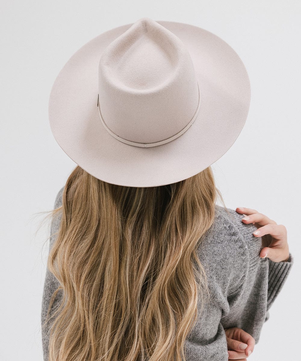 Gigi Pip felt hats for women - Rowan Fedora - 100% australian wool pinched fedora crown with a stiff wide flat brim featuring a grosgrain band with Gigi Pip branded [ivory]