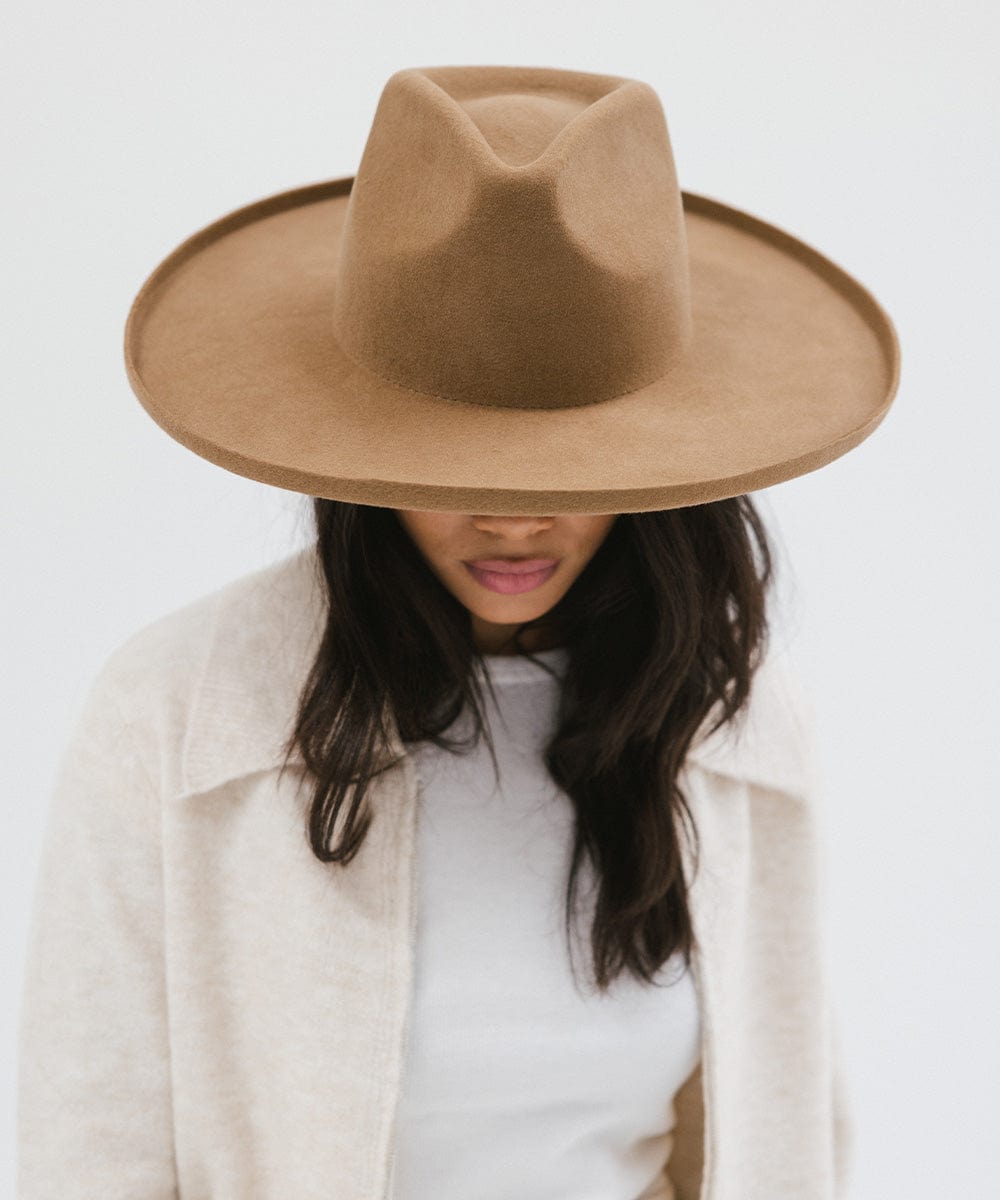 Gigi Pip felt hats for women - Amelia Wide Brim Fedora - 100% australian wool wide brim fedora with a pinched teardrop crown + pencil rolled brim [brown]