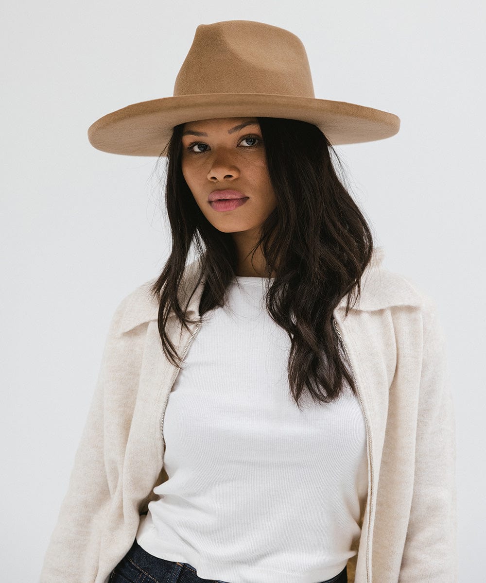 Gigi Pip felt hats for women - Amelia Wide Brim Fedora - 100% australian wool wide brim fedora with a pinched teardrop crown + pencil rolled brim [brown]