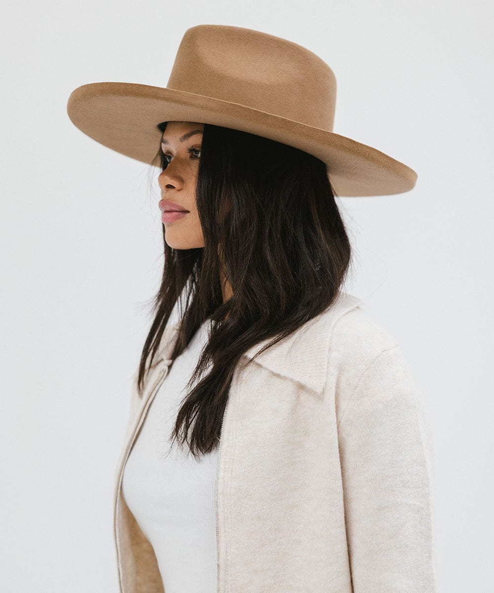 Gigi Pip felt hats for women - Amelia Wide Brim Fedora - 100% australian wool wide brim fedora with a pinched teardrop crown + pencil rolled brim [brown]