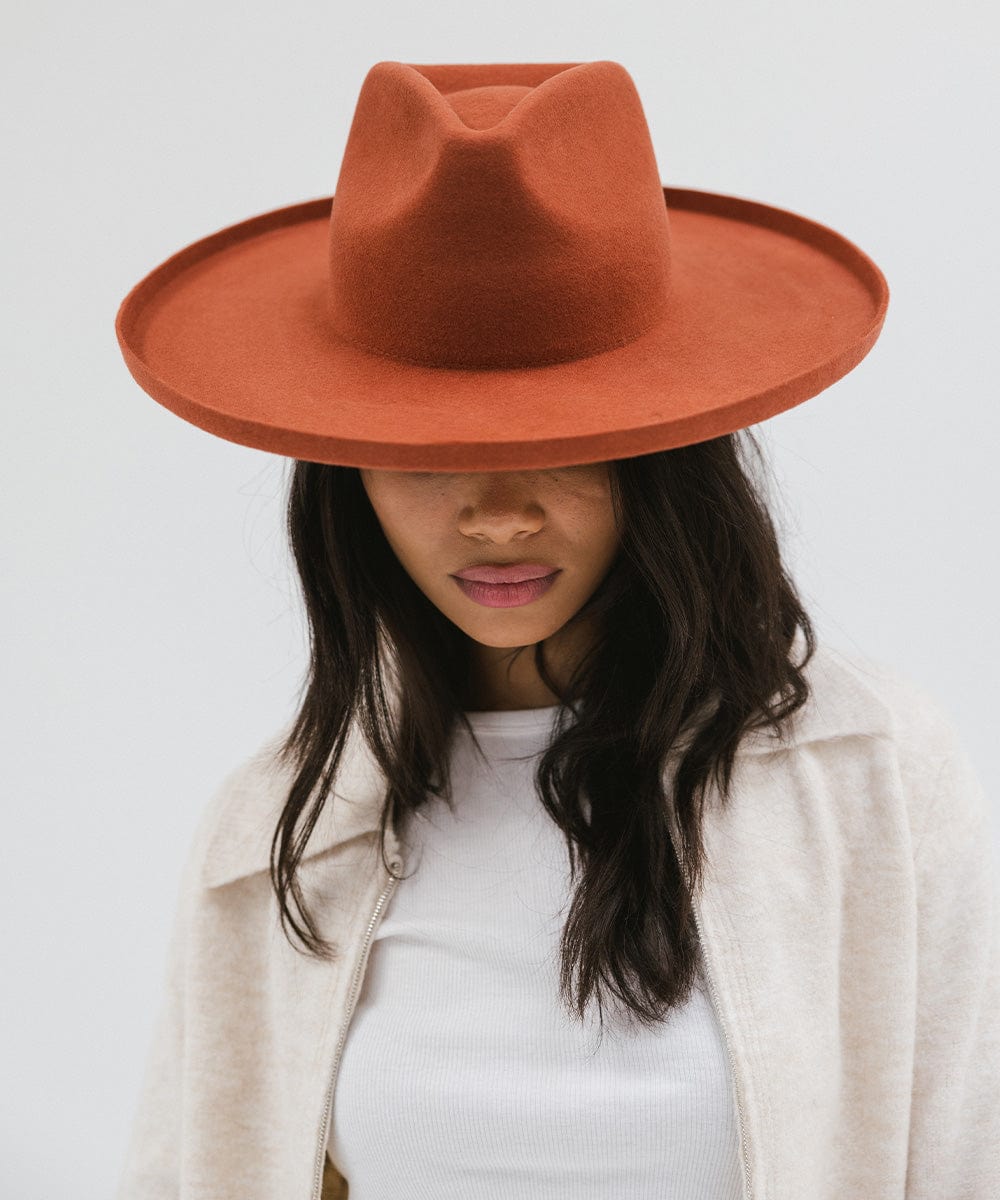 Gigi Pip felt hats for women - Amelia Wide Brim Fedora - 100% australian wool wide brim fedora with a pinched teardrop crown + pencil rolled brim [clay]