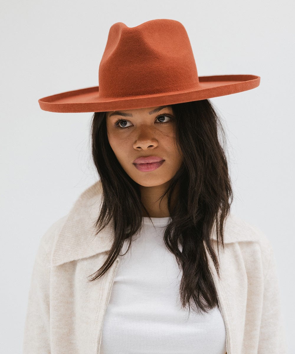 Gigi Pip felt hats for women - Amelia Wide Brim Fedora - 100% australian wool wide brim fedora with a pinched teardrop crown + pencil rolled brim [clay]