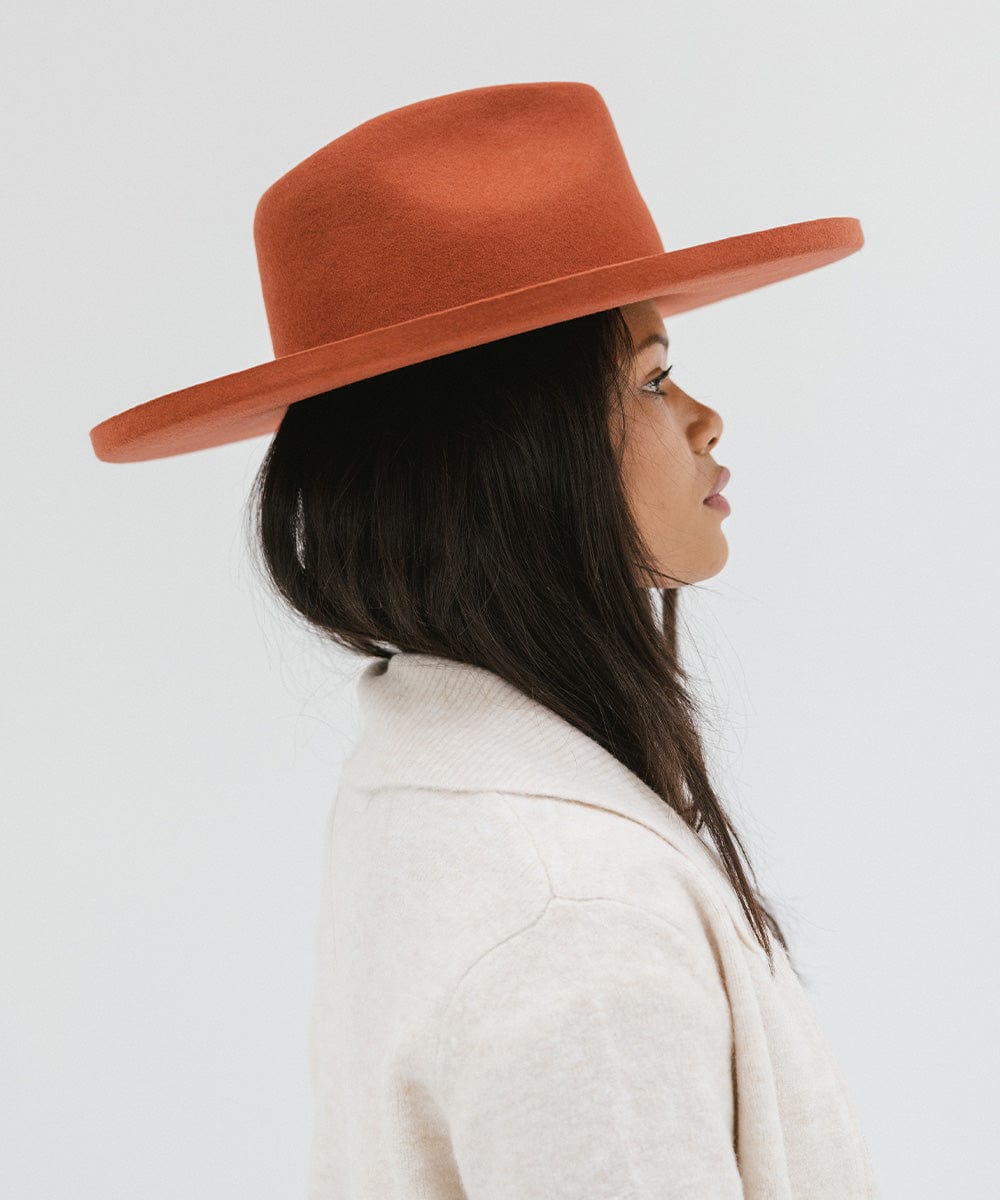 Gigi Pip felt hats for women - Amelia Wide Brim Fedora - 100% australian wool wide brim fedora with a pinched teardrop crown + pencil rolled brim [clay]