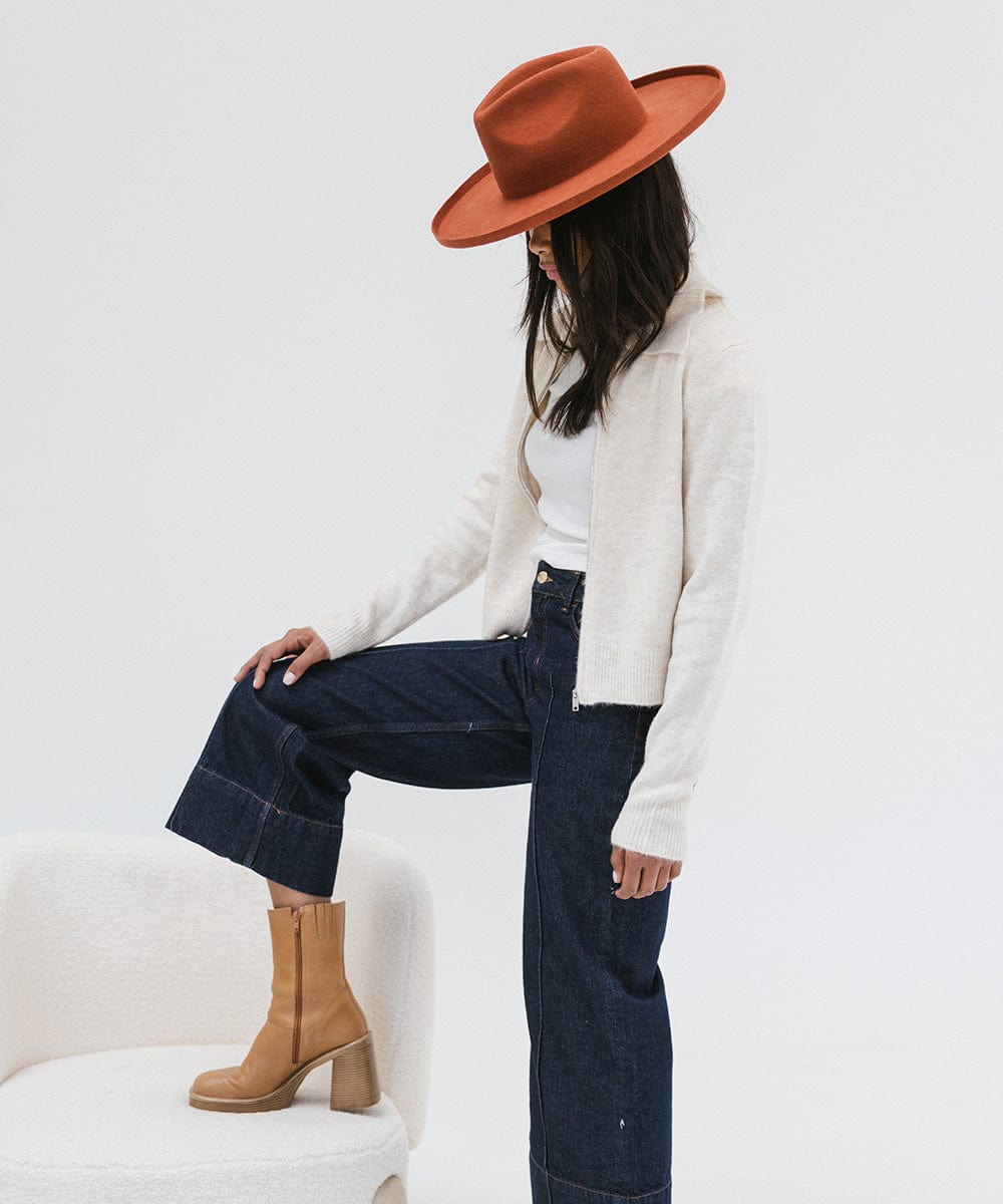 Gigi Pip felt hats for women - Amelia Wide Brim Fedora - 100% australian wool wide brim fedora with a pinched teardrop crown + pencil rolled brim [clay]