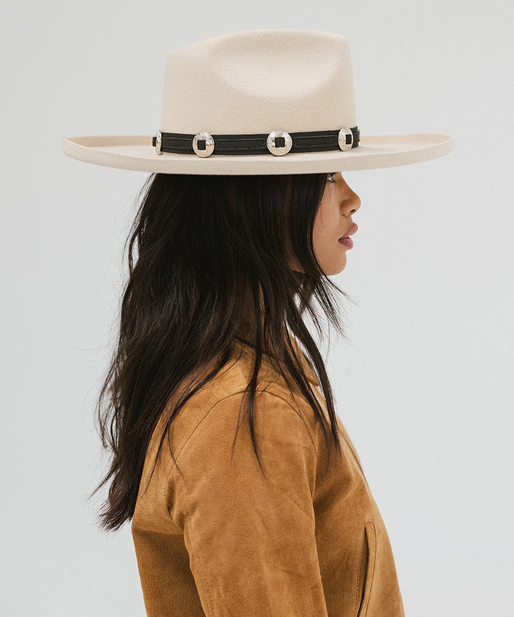 Gigi Pip felt hats for women - Amelia Wide Brim Fedora - 100% australian wool wide brim fedora with a pinched teardrop crown + pencil rolled brim [off white]