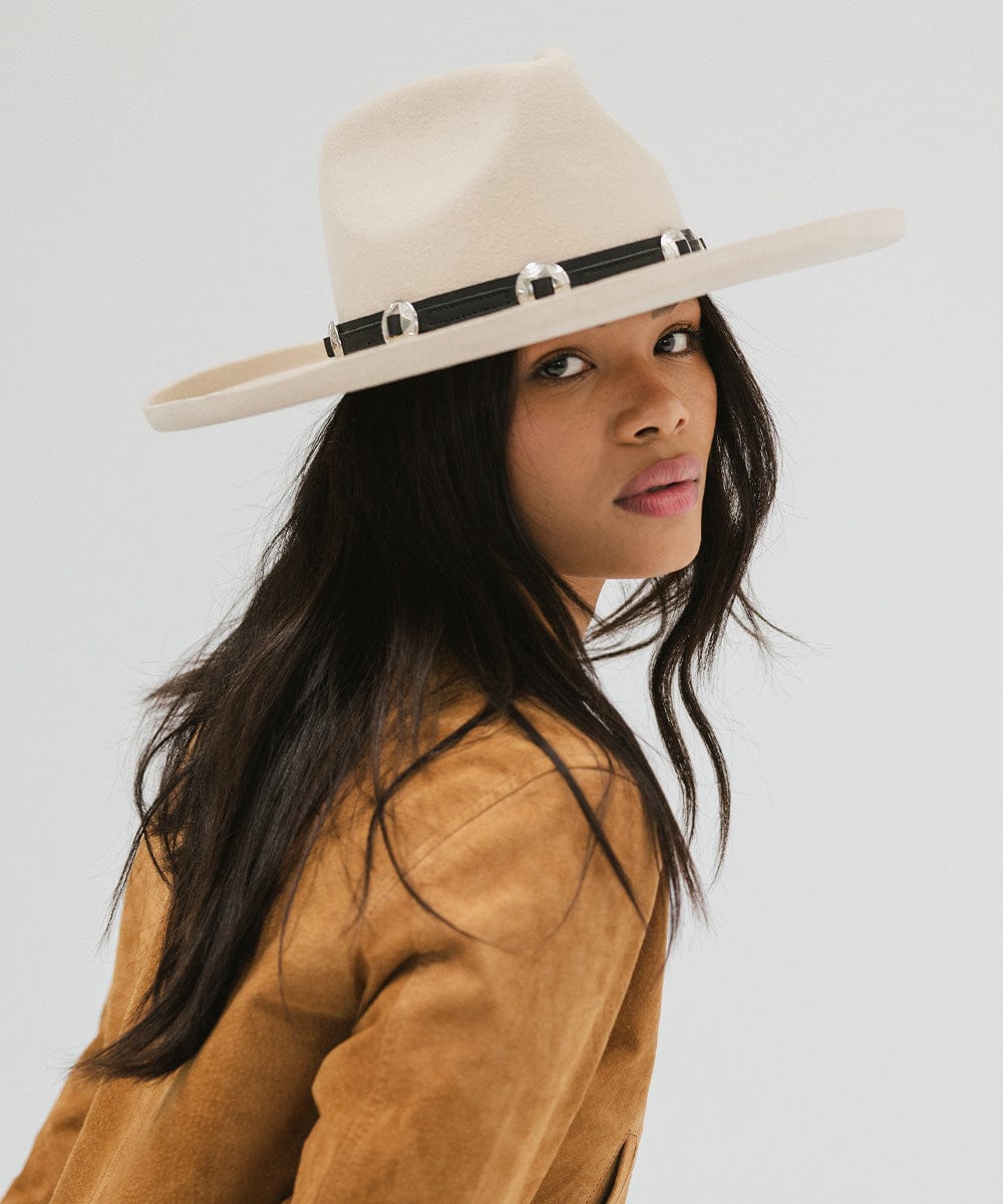 Gigi Pip felt hats for women - Amelia Wide Brim Fedora - 100% australian wool wide brim fedora with a pinched teardrop crown + pencil rolled brim [off white]