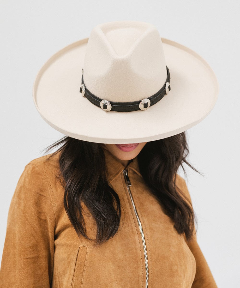 Gigi Pip felt hats for women - Amelia Wide Brim Fedora - 100% australian wool wide brim fedora with a pinched teardrop crown + pencil rolled brim [off white]