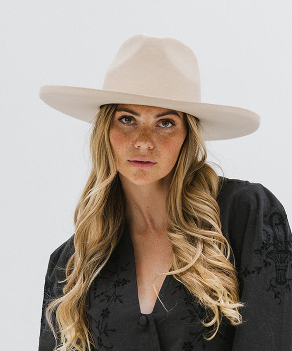 Gigi Pip felt hats for women - Amelia Wide Brim Fedora - 100% australian wool wide brim fedora with a pinched teardrop crown + pencil rolled brim [cream]