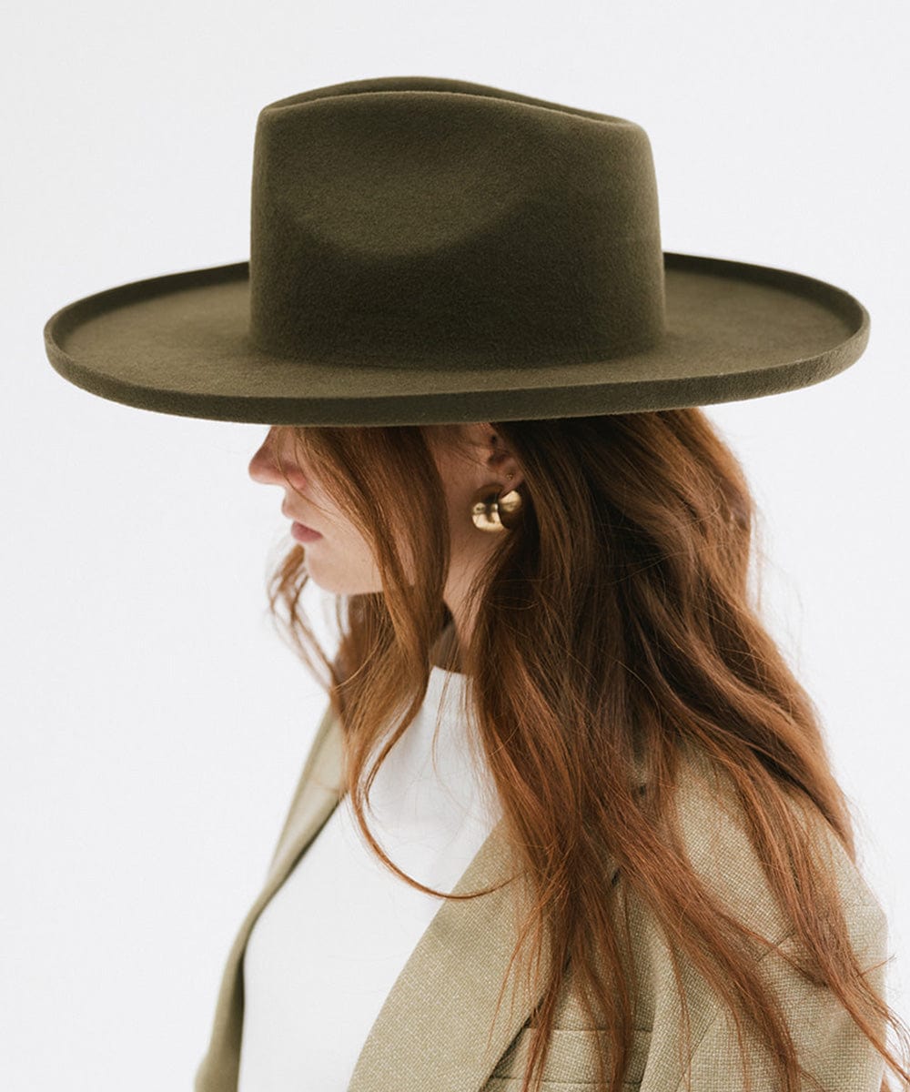 Gigi Pip felt hats for women - Amelia Wide Brim Fedora - 100% australian wool wide brim fedora with a pinched teardrop crown + pencil rolled brim [limited-edition-moss]