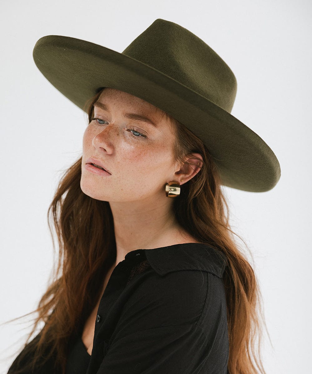 Gigi Pip felt hats for women - Amelia Wide Brim Fedora - 100% australian wool wide brim fedora with a pinched teardrop crown + pencil rolled brim [limited-edition-moss]