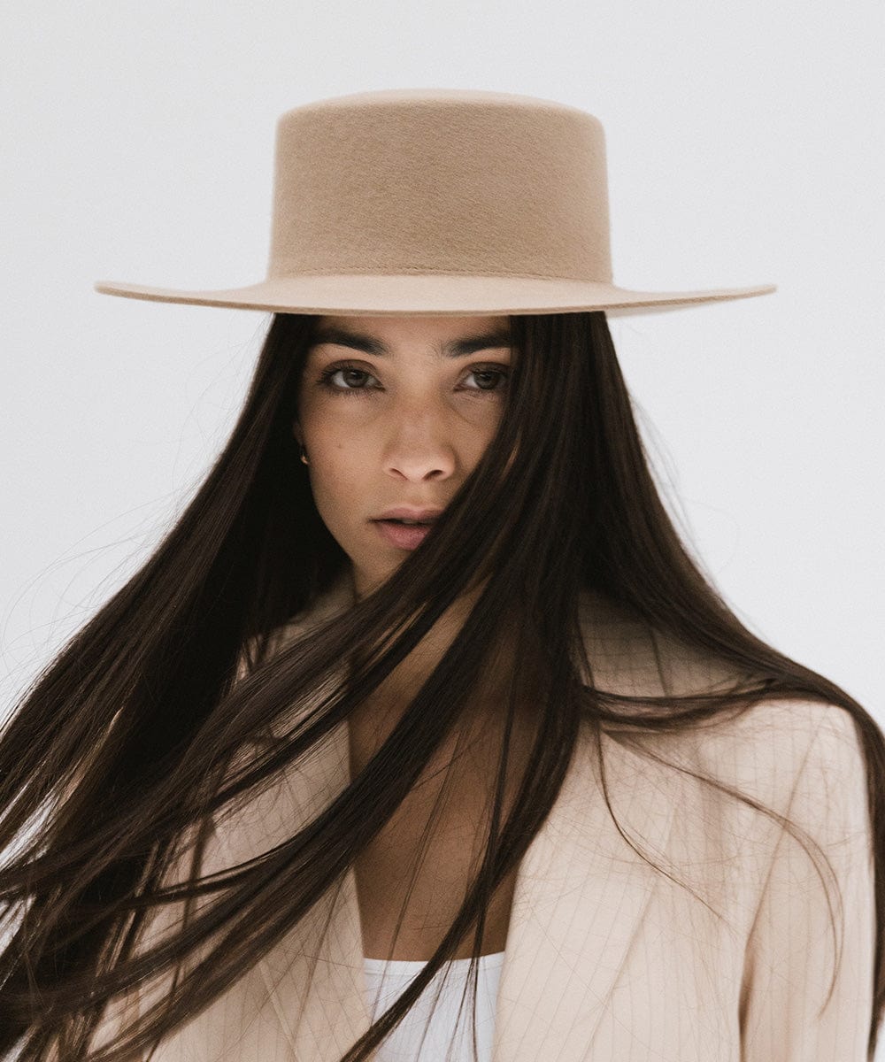 Gigi Pip felt hats for women - Dahlia Boater - boater-style crown with a stiff, wide flat brim [tan]