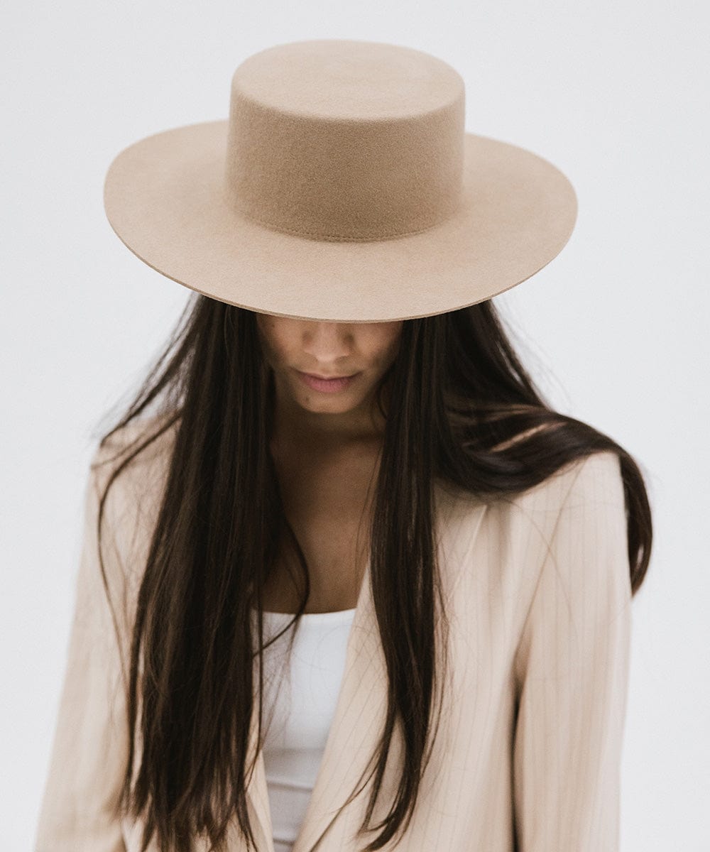 Gigi Pip felt hats for women - Dahlia Boater - boater-style crown with a stiff, wide flat brim [tan]