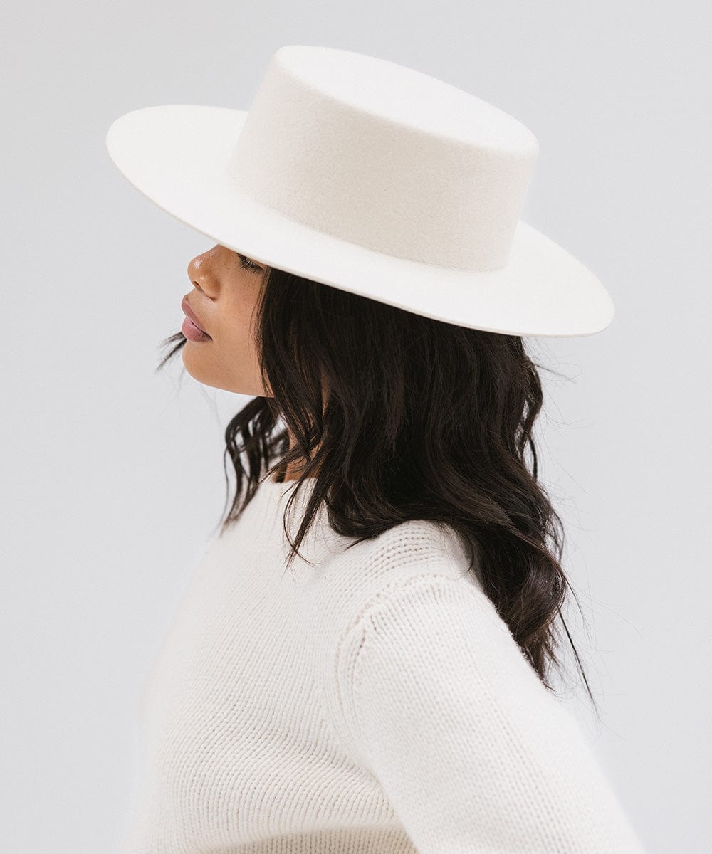 Gigi Pip felt hats for women - Dahlia Boater - boater-style crown with a stiff, wide flat brim [off white]