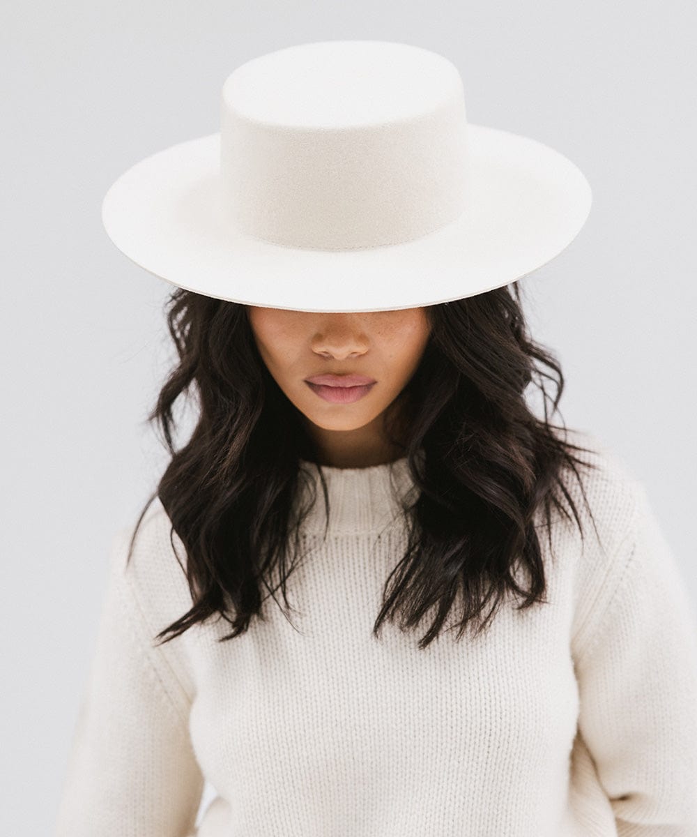 Gigi Pip felt hats for women - Dahlia Boater - boater-style crown with a stiff, wide flat brim [off white]