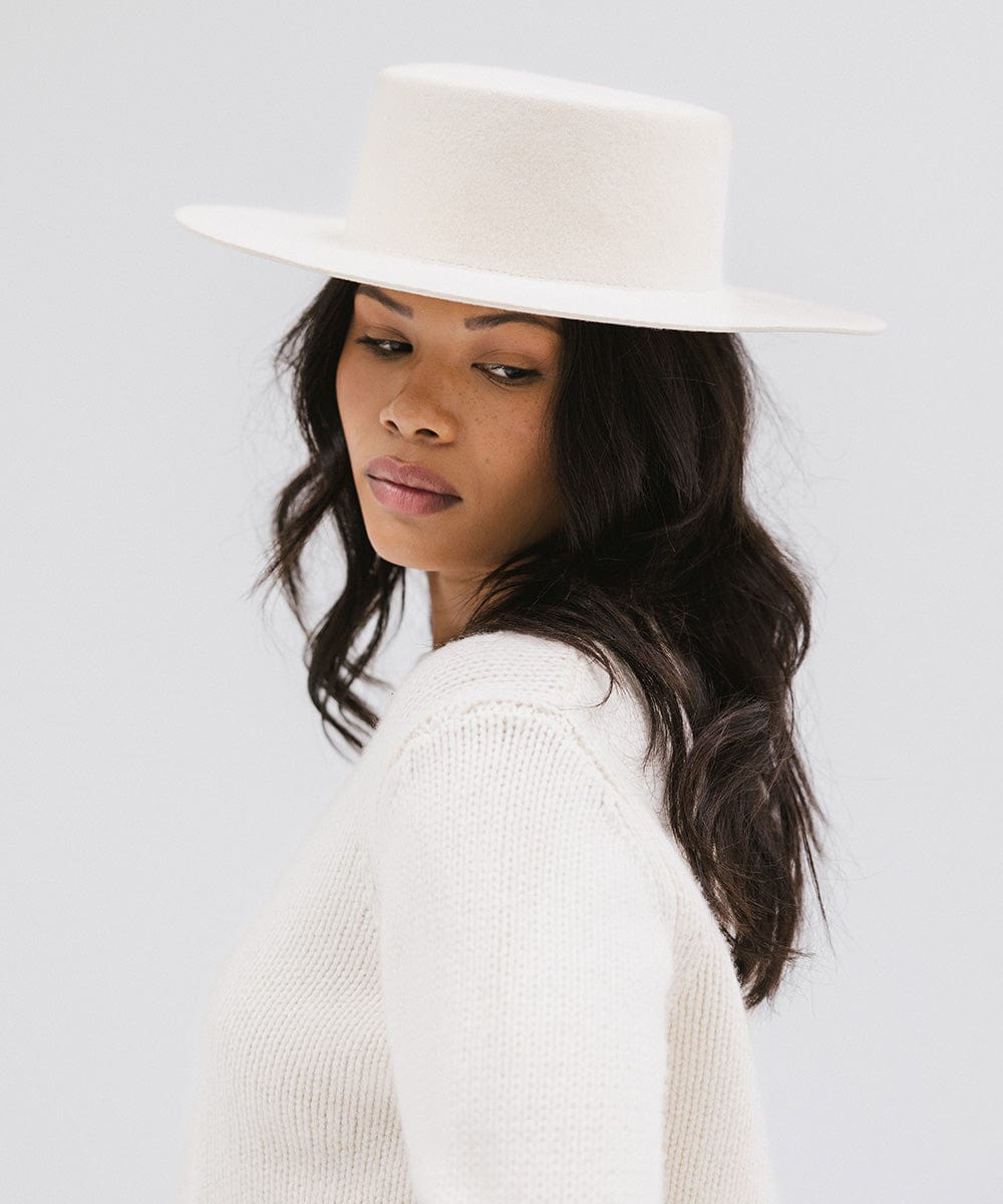 Gigi Pip felt hats for women - Dahlia Boater - boater-style crown with a stiff, wide flat brim [off white]