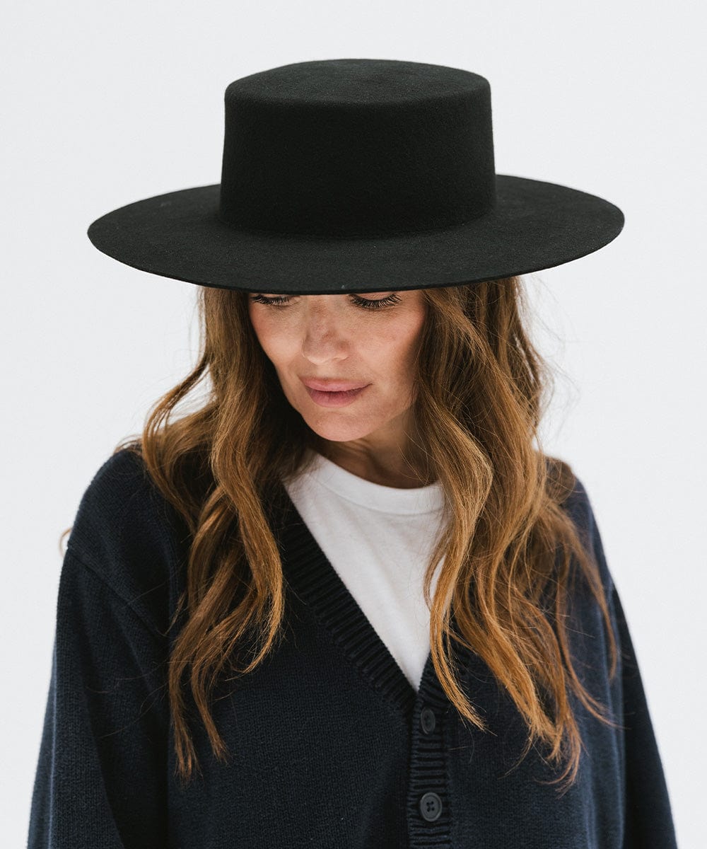 Gigi Pip felt hats for women - Dahlia Boater - boater-style crown with a stiff, wide flat brim [black]