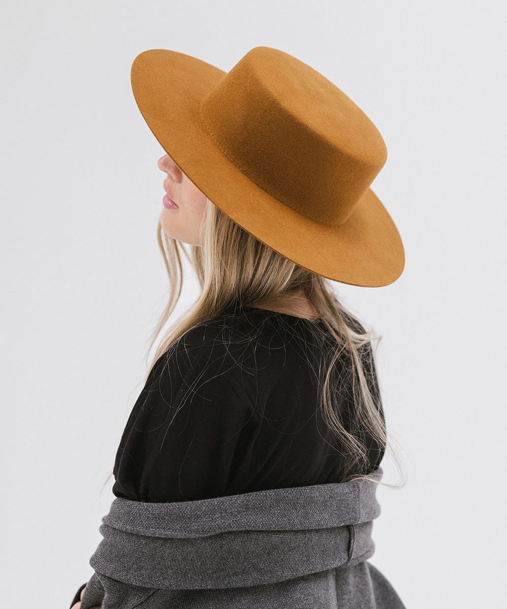 Gigi Pip felt hats for women - Dahlia Boater - boater-style crown with a stiff, wide flat brim [brown]