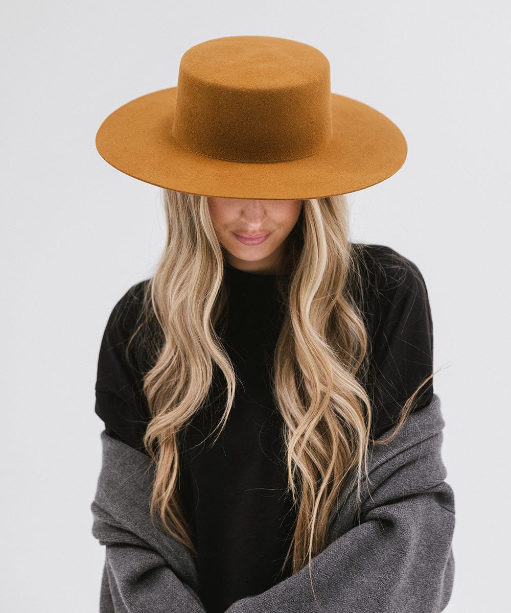 Gigi Pip felt hats for women - Dahlia Boater - boater-style crown with a stiff, wide flat brim [brown]