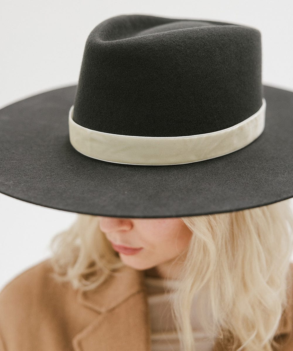 Gigi Pip felt hats for women - Dakota Triangle Crown - stiff, flat wide brim [dark grey]