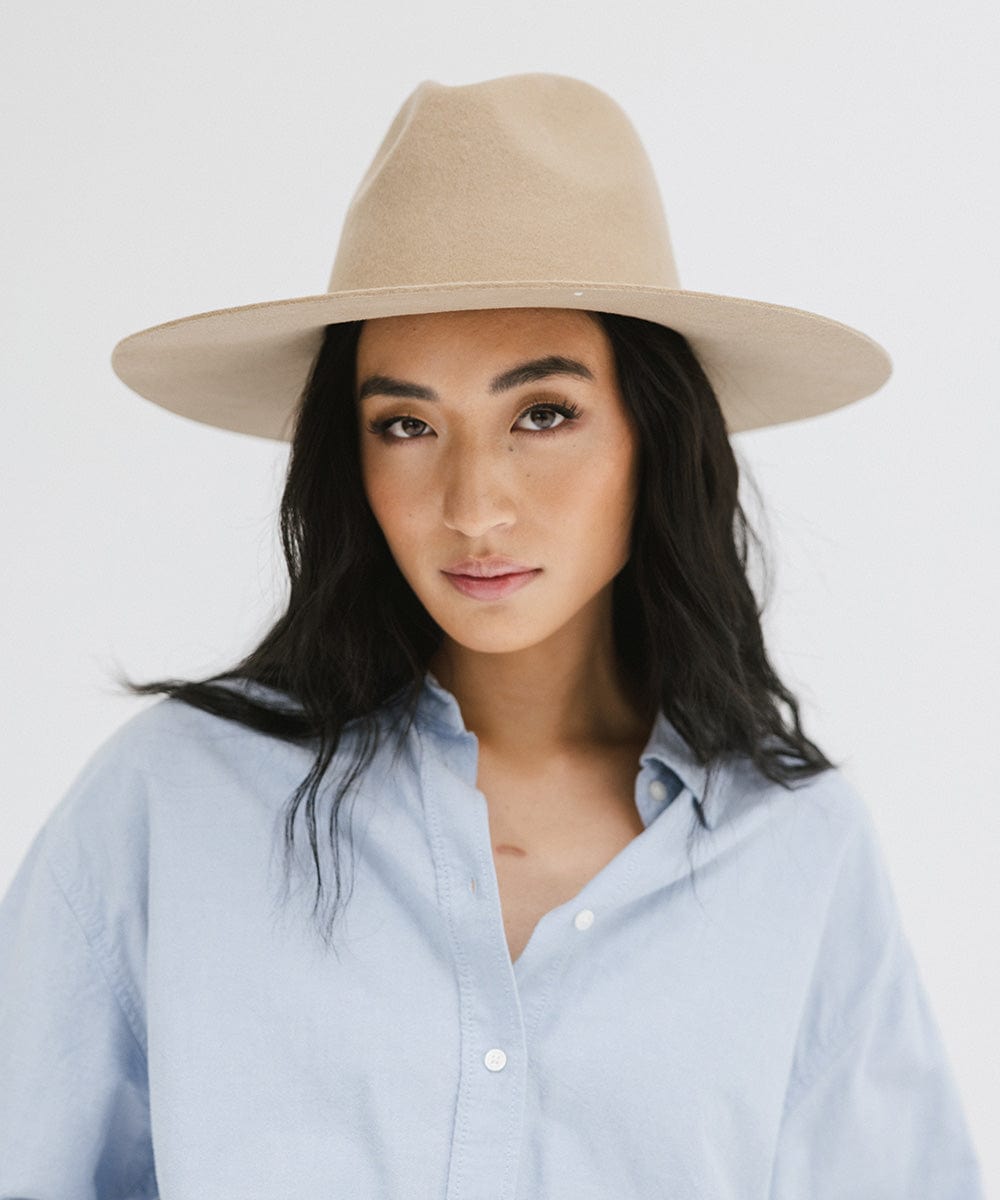 Gigi Pip felt hats for women - Emma Wide Brim Fedora - classic fedora crown with a stiff, a-line brim [tan]