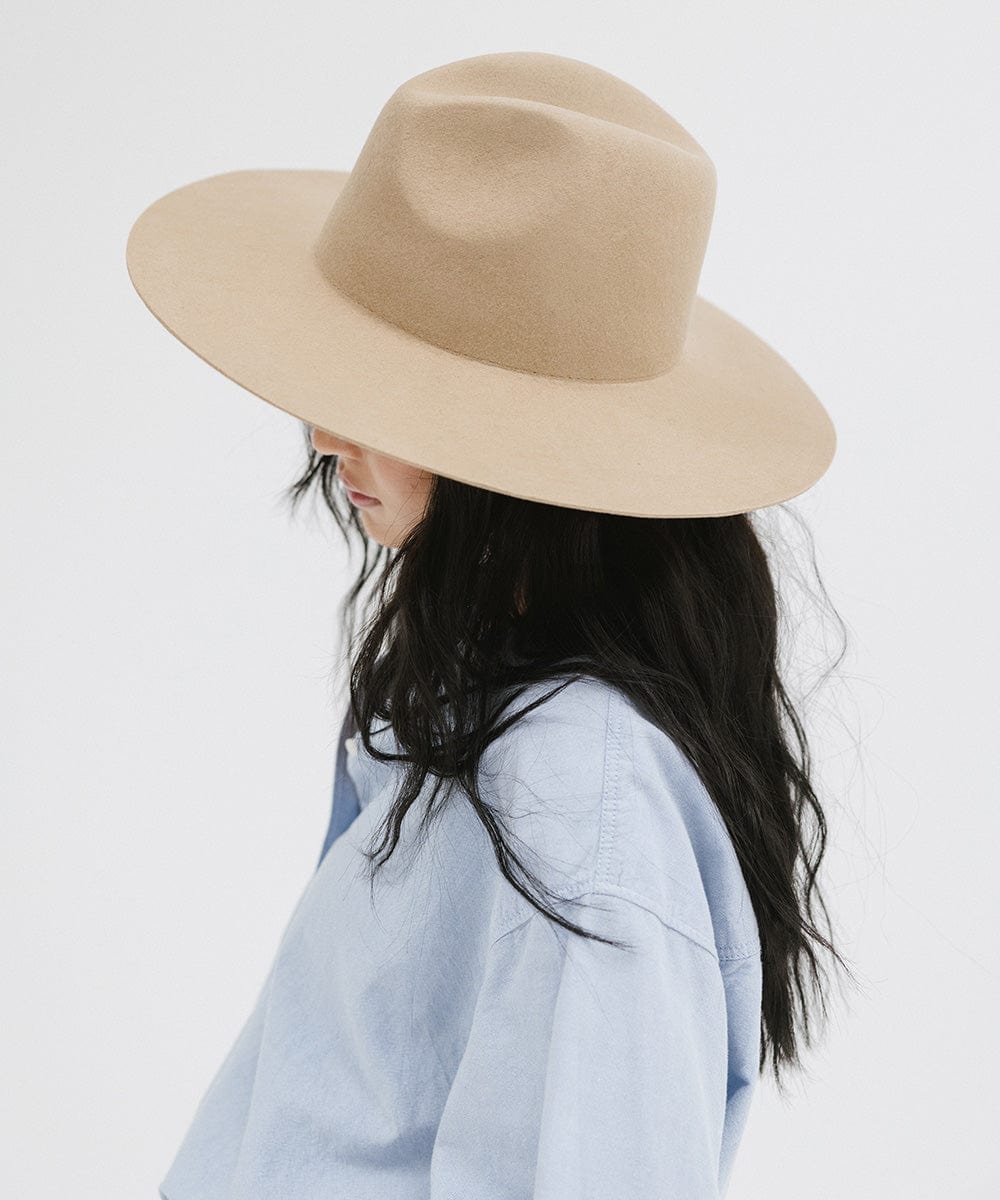 Gigi Pip felt hats for women - Emma Wide Brim Fedora - classic fedora crown with a stiff, a-line brim [tan]