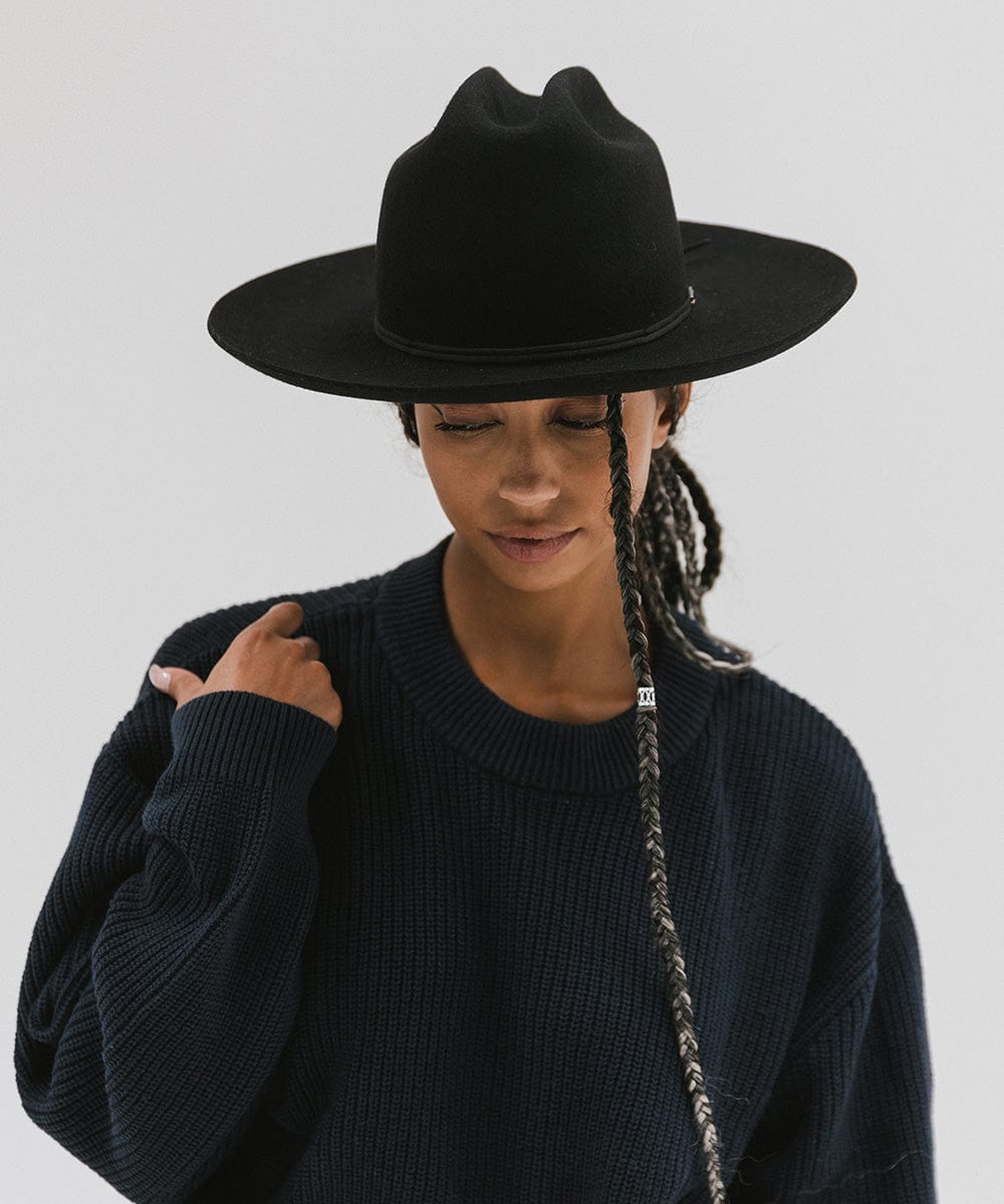 Gigi Pip felt hats for women - Ezra Western - classic cattleman crown with a stiff, upturned brim and features a removable tonal grosgrain band [black]