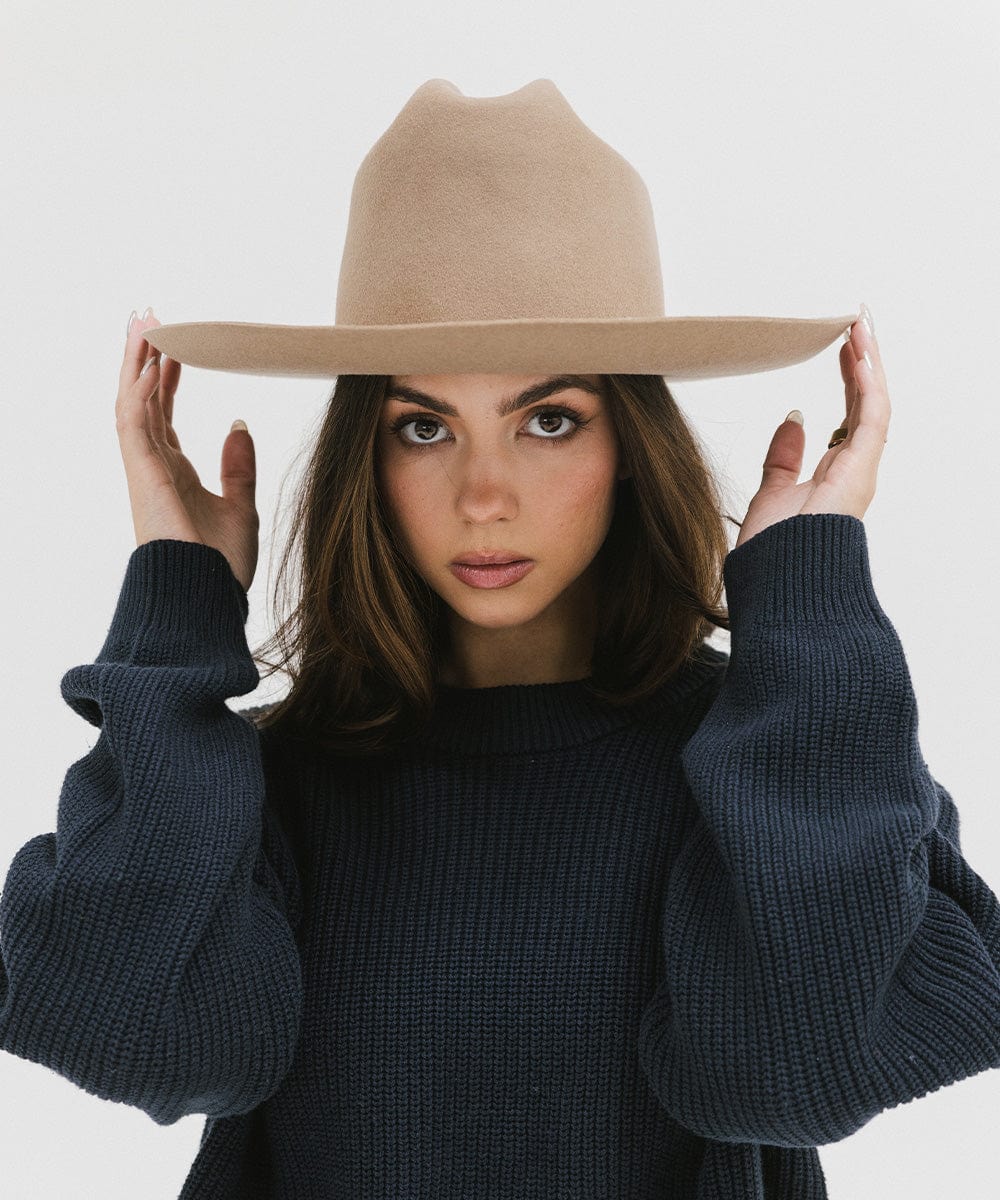 Gigi Pip felt hats for women - Ezra Western - classic cattleman crown with a stiff, upturned brim and features a removable tonal grosgrain band [tan]