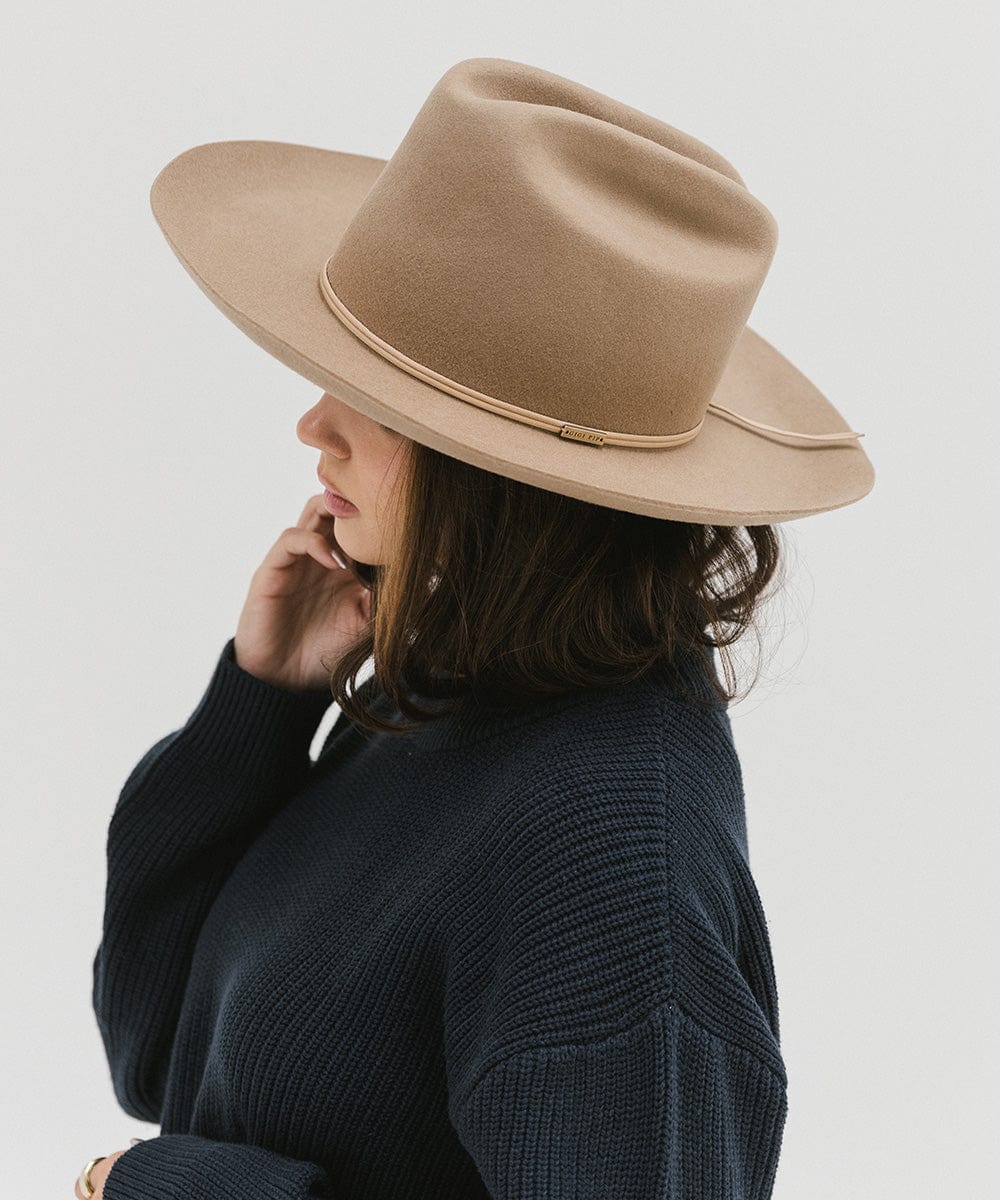 Gigi Pip felt hats for women - Ezra Western - classic cattleman crown with a stiff, upturned brim and features a removable tonal grosgrain band [tan]