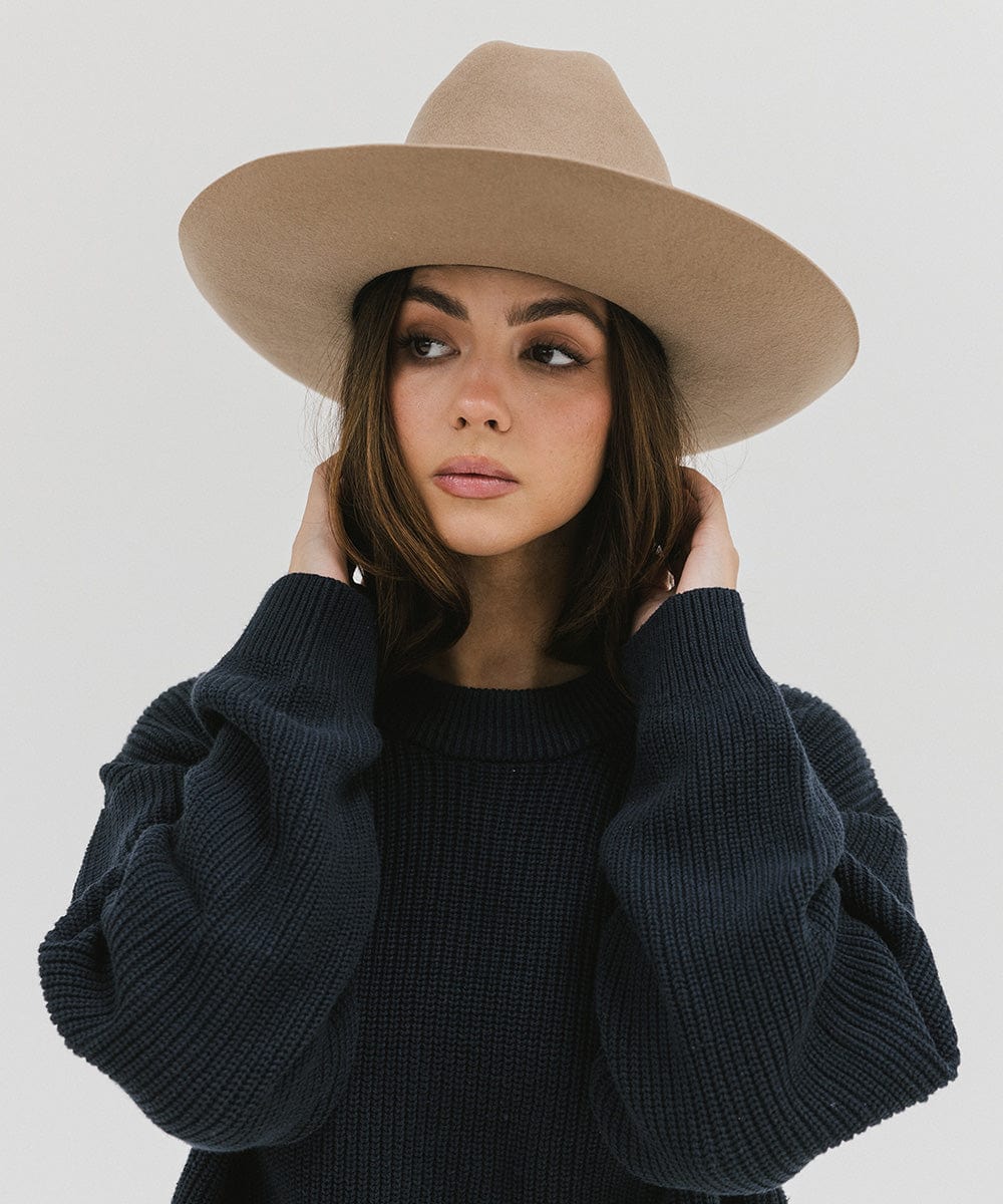 Gigi Pip felt hats for women - Ezra Western - classic cattleman crown with a stiff, upturned brim and features a removable tonal grosgrain band [tan]