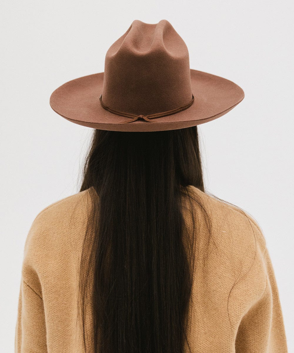 Gigi Pip felt hats for women - Ezra Western - classic cattleman crown with a stiff, upturned brim and features a removable tonal grosgrain band [dark oak]