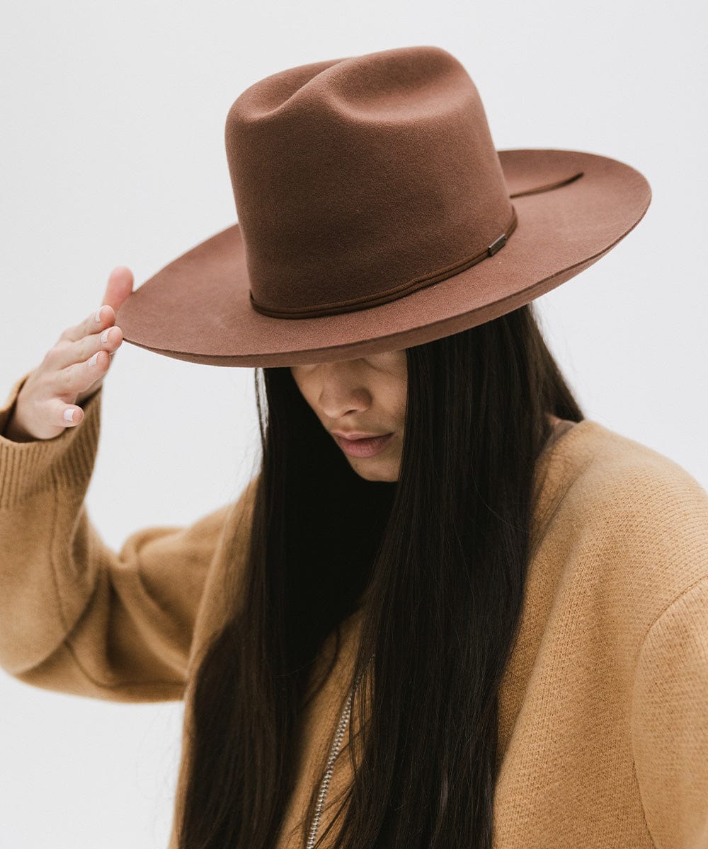 Gigi Pip felt hats for women - Ezra Western - classic cattleman crown with a stiff, upturned brim and features a removable tonal grosgrain band [dark oak]