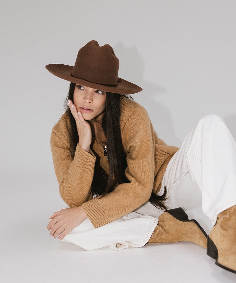 Gigi Pip felt hats for women - Ezra Western - classic cattleman crown with a stiff, upturned brim and features a removable tonal grosgrain band [dark oak]