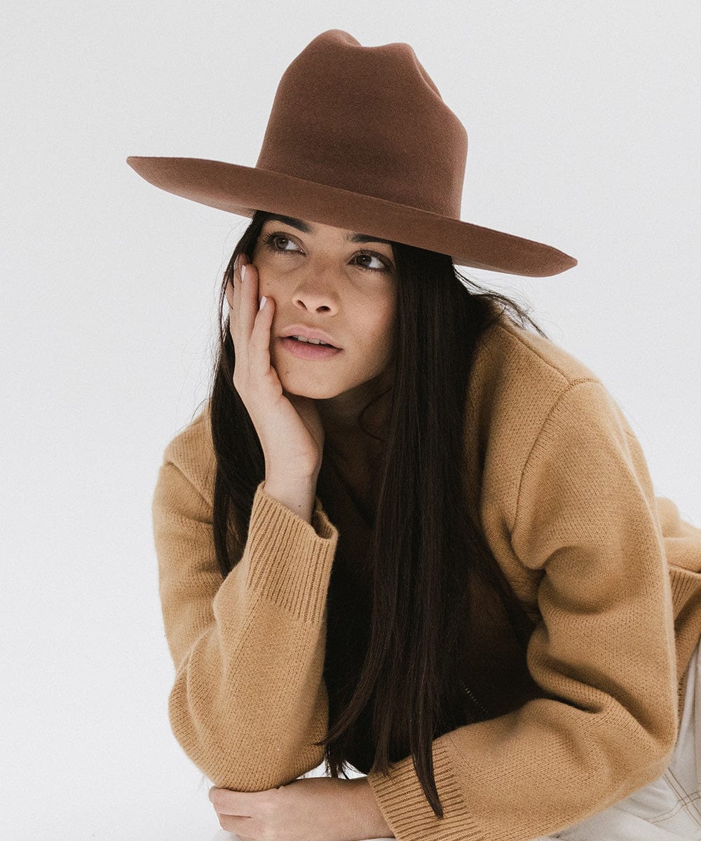 Gigi Pip felt hats for women - Ezra Western - classic cattleman crown with a stiff, upturned brim and features a removable tonal grosgrain band [dark oak]