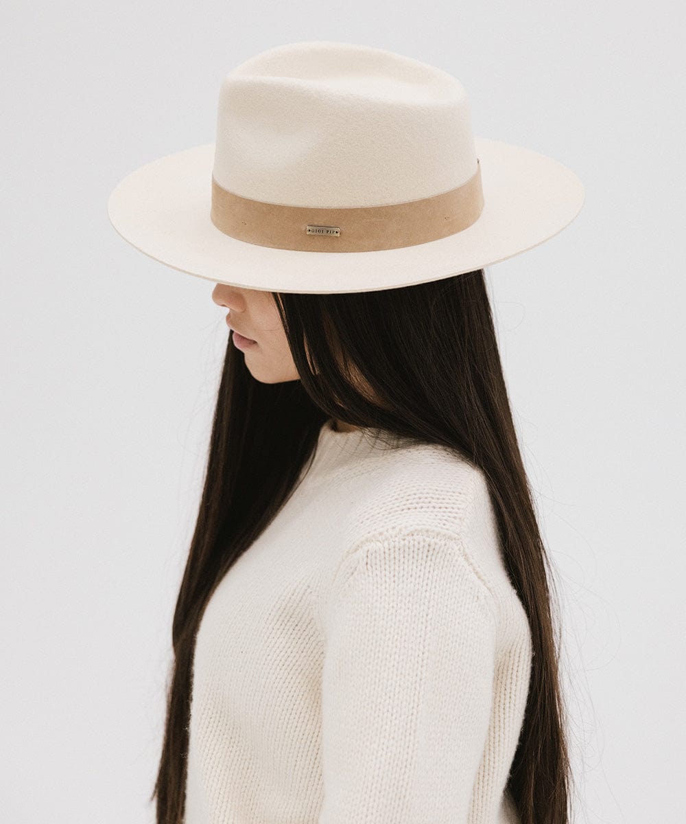 Gigi Pip felt hats for women - Holly Rancher - teardrop fedora with a semi-tall crown and mid-length upturned brim, featuring a hand-sewn suede band [off white]