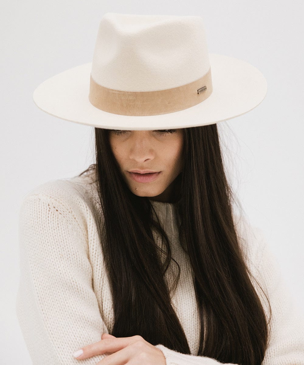 Gigi Pip felt hats for women - Holly Rancher - teardrop fedora with a semi-tall crown and mid-length upturned brim, featuring a hand-sewn suede band [off white]