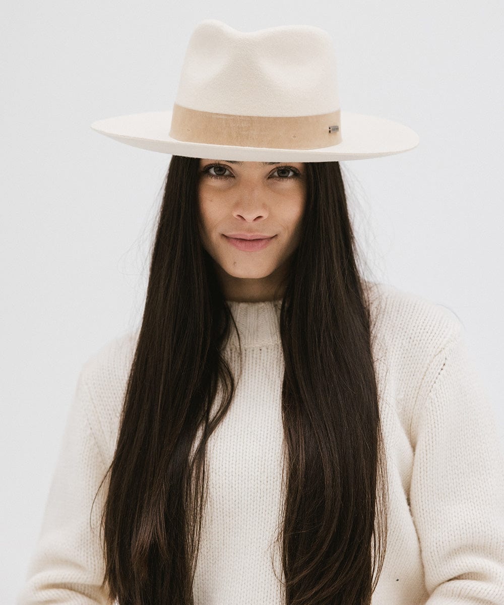 Gigi Pip felt hats for women - Holly Rancher - teardrop fedora with a semi-tall crown and mid-length upturned brim, featuring a hand-sewn suede band [off white]