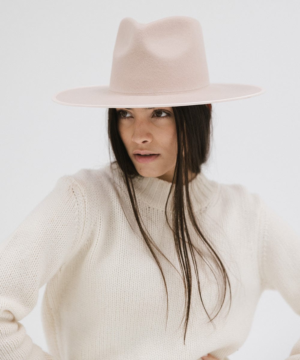 Gigi Pip felt hats for women - Ivy Wide Brim Fedora - 100% australian wool wide brim fedora with a tall crown featuring a customized sweatband + exclusive printed lining with a satin finish in collaboration with Ivy City Co, and a tonal satin brim [pale nude]