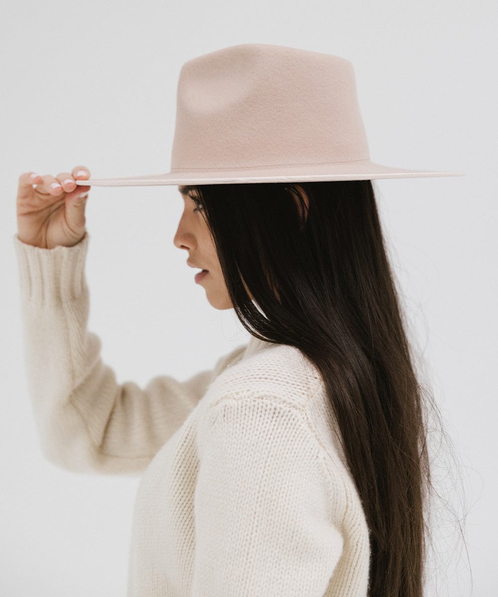 Gigi Pip felt hats for women - Ivy Wide Brim Fedora - 100% australian wool wide brim fedora with a tall crown featuring a customized sweatband + exclusive printed lining with a satin finish in collaboration with Ivy City Co, and a tonal satin brim [pale nude]